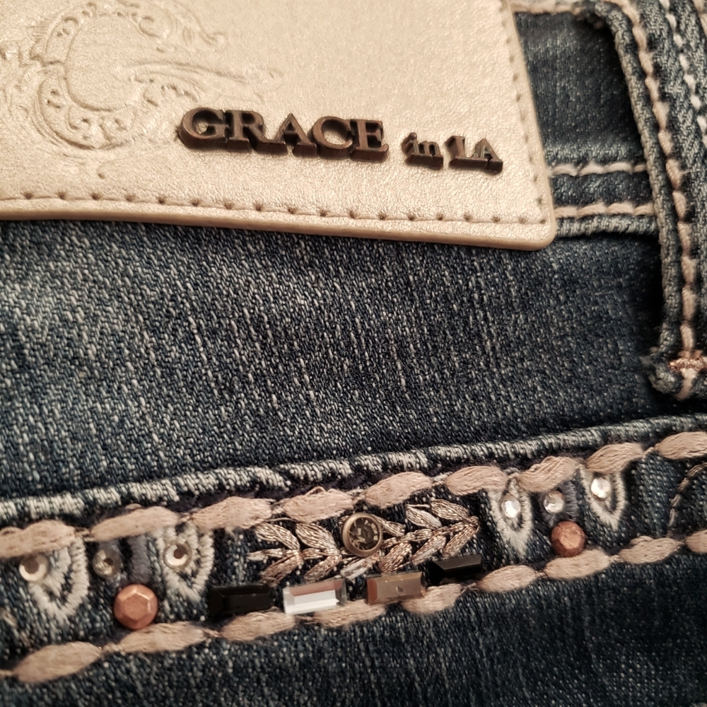 Grace In LA NEW Jeans Denim Embellished Jewel Stud Bead Mesh Slim Bootcut Womens - Picture 11 of 16